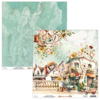 Papel decorativo com padrão abstrato verde e ilustração vintage de rua com casas e flores
