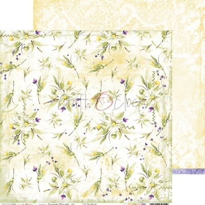 Papel de scrapbook com flores amarelas e lilases e padrão amarelo com textura