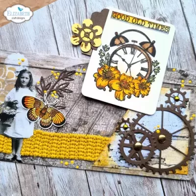 Postais decorativos vintage com menino, flores amarelas e relógio