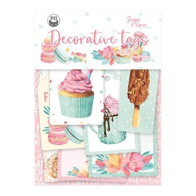 Etiquetas decorativas coloridas com ilustrações de cupcakes, gelados e flores