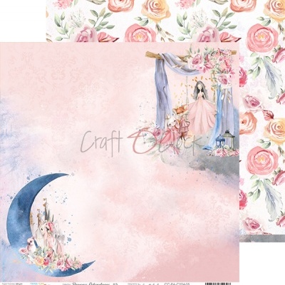 Papel decorativo com princesa, flores, lua azul e padrão floral colorido