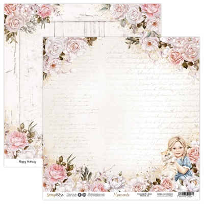 Papel decorativo para scrapbook com flores, texto manuscrito e menina com gato