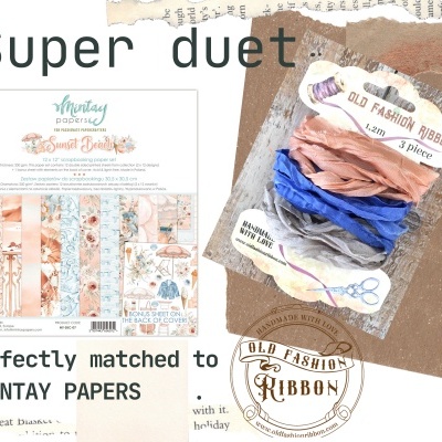 Conjunto de fitas Old Fashion Ribbon e pacotes de papéis Mintay Papers lado a lado numa composição artística.