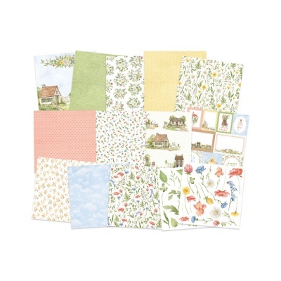 Papel decorativo com padrões florais e etiquetas temáticas