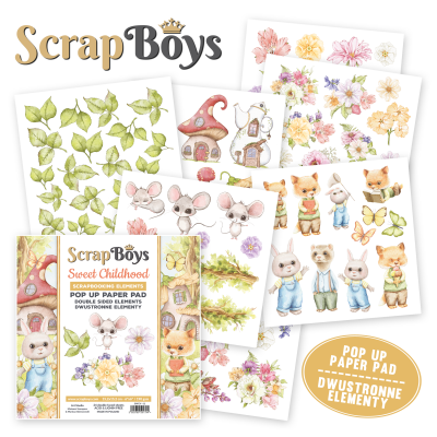 Papel para scrapbook ScrapBoys com desenhos de flores, folhas, casas de cogumelo, ratinhos e coelhos em várias páginas coloridas