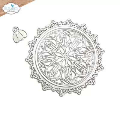 Troqueles metálicos com padrão mandala e folhas em fundo branco com logotipo Elizabeth Craft Designs