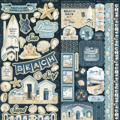 Recortes gráficos de praia com palavras e elementos decorativos em azul, bege e branco.