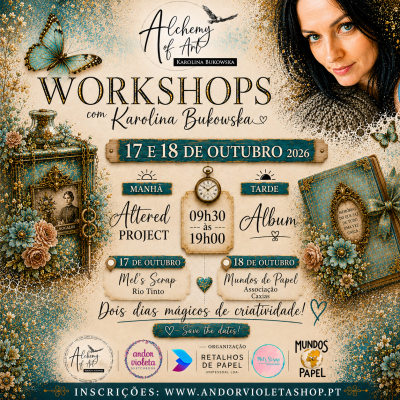 Pôster de workshops de arte com ornamentos florais, borboletas, relógio e texto em português sobre datas e locais