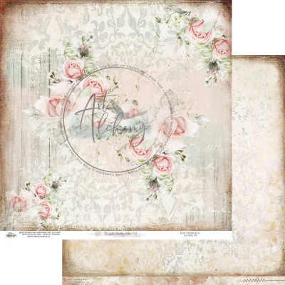 Papel decorativo com padrão floral e texto Alchemy num fundo texturizado