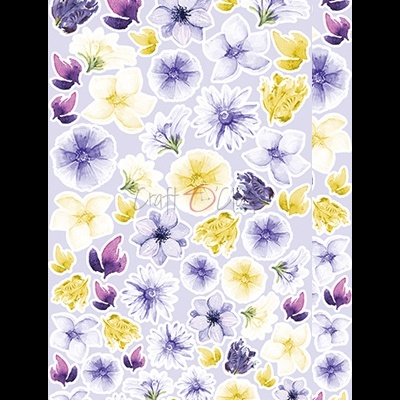 Papel decorativo com flores lilás, amarelas, brancas e roxas em aquarela