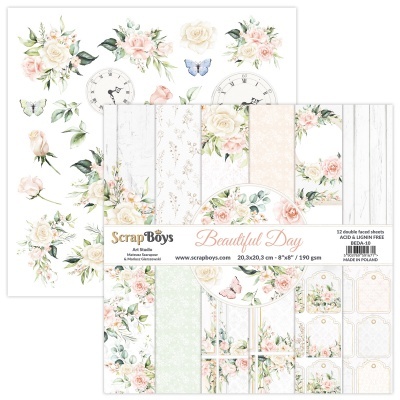 Papel de scrapbooking com estampas florais, relógios e borboletas em tons pastel