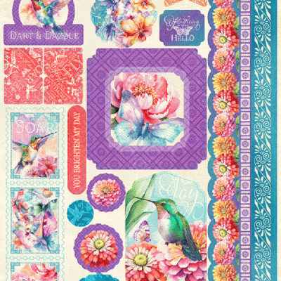 Set de autocolantes decorativos com flores, colibris, e texturas variadas em cores vibrantes.