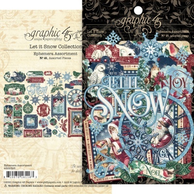 Conjunto Let It Snow da Graphic 45, com ephemeras natalícias coloridas em papel com desenhos de Pai Natal e flocos de neve.