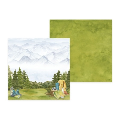 papéis decorativos com paisagem de montanha e padrão verde