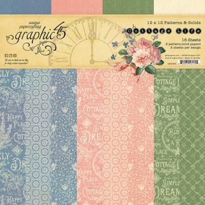 Papel para scrapbooking Graphic 45 Cottage Life com padrões florais e lisos em azul, rosa e verde