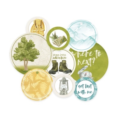 Círculos decorativos com temas de aventura e natureza, com frases inspiradoras e ilustrações em tons verdes, azuis e amarelos.