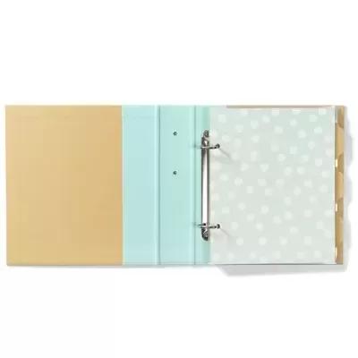 Pasta de argolas aberta com divisórias coloridas e padrão de bolinhas brancas