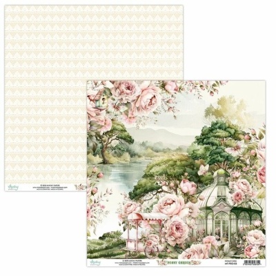 Papel decorativo dupla face com padrão geométrico e ilustração floral com lago e casa de vidro