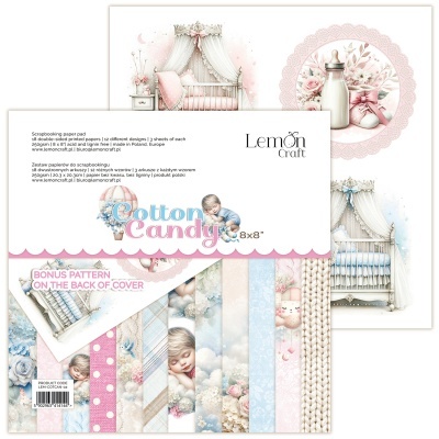 Conjunto de papéis para scrapbooking com estampas em azul, rosa e bege, temas de bebé e texto promocional.