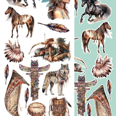 Decalques com temas indígenas americanos, animais, mulher e acessórios tradicionais.