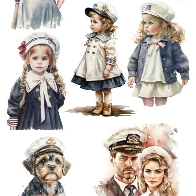 Ilustração aquarela de pessoas e cão com roupas náuticas e barco à vela