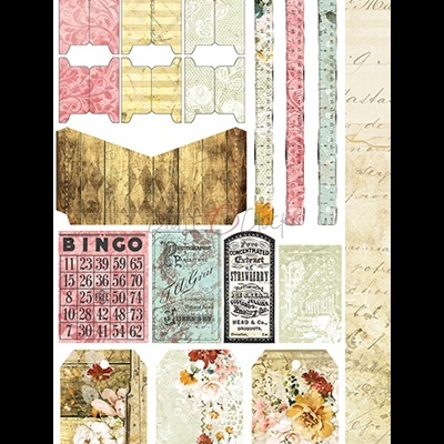 Etiquetas e recortes decorativos vintage com padrões florais e texturas variadas