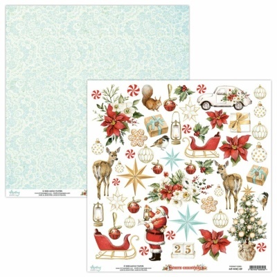 Papel decorativo natalício com motivos de Natal coloridos e outro azul claro com padrão floral branco