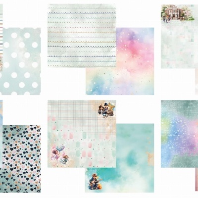 Coleção de 12 folhas de papel decorativo com diferentes padrões e cores pastel