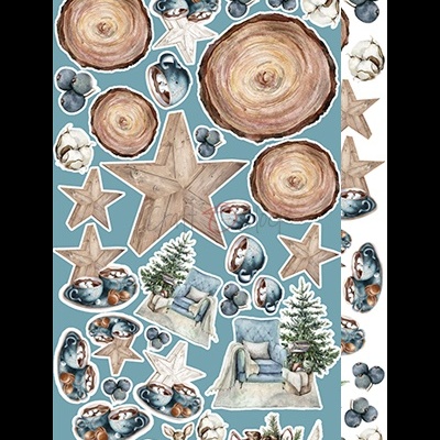 Autocolantes com desenhos de elementos naturais e móveis em tons azuis e castanhos sobre fundo azul claro