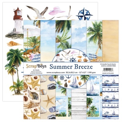 Folhas de scrapbooking tema verão com conchas, coqueiros, gaivotas e bússola azul.