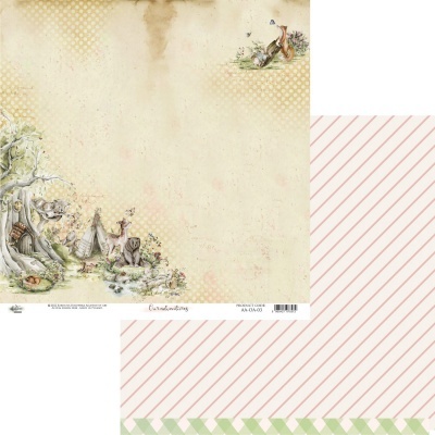 Papel decorativo scrapbook com animais da floresta e padrão riscado rosa e verde