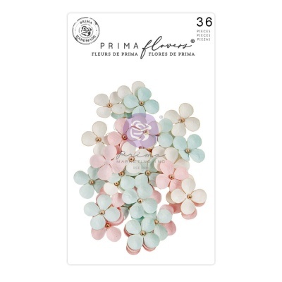 Flores artesanais PRIMA em cartão, 36 peças, cores pastel azul, rosa e branco.