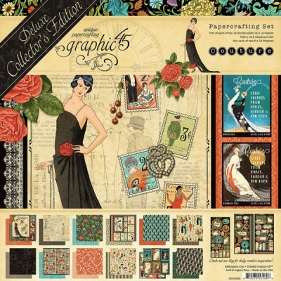 Conjunto Paper crafting Deluxe Collector's Edition com imagens vintage e padrões decorativos.