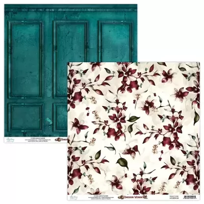 Papel decorativo dupla face com padrão floral e textura de porta antiga verde
