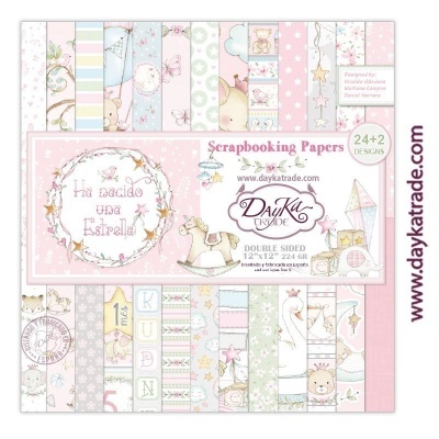 Papel de scrapbook para bebé com design com estrelas, ursos e cores pastel