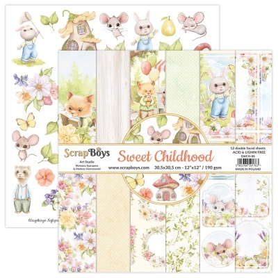 Folhas para scrapbooking com desenhos infantis, flores e animais em tons pastel, embalagem com texto Sweet Childhood e informações do fabricante.