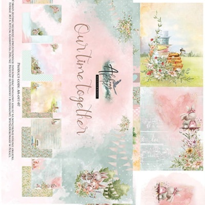 Papel decorativo scrapbooking com temas florais e textos Our time together.