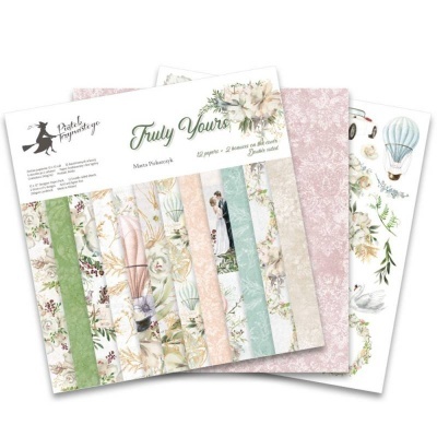 Conjunto papéis decorativos scrapbooking Truly Yours com padrões florais e balões em cores pastel