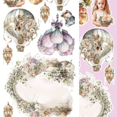 Conjunto de ilustrações vintage com balões de ar quente, lanternas, moldura floral e crianças com flores.