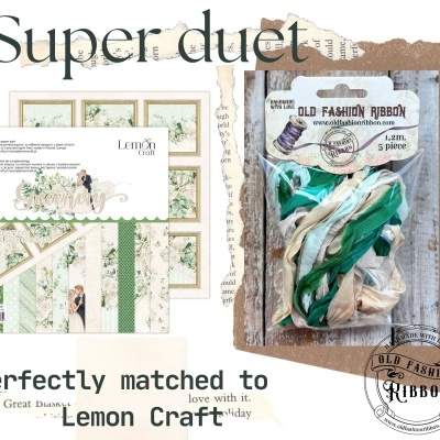 Kit de fitas OLD FASHION RIBBON em saco transparente com etiqueta e selo, fitas verdes e creme.