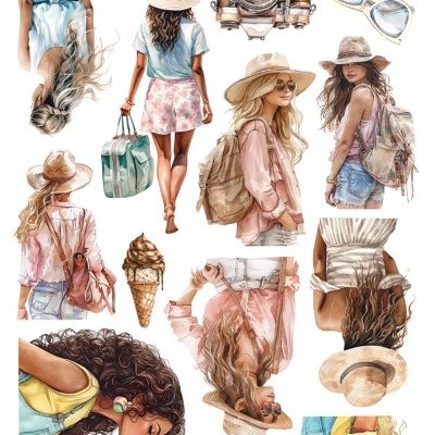 Ilustrações de elementos de verão para recortar, incluindo mulheres, acessórios e cenas de viagem