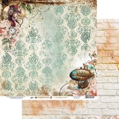 Papel decorativo vintage com ilustração de mulher, relógios e submarino em tons azul e marrom.