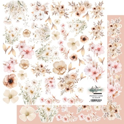 Decalques florais em tons suaves sobre fundo branco e rosa.