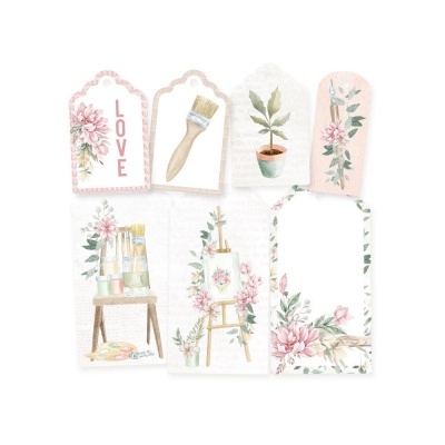 Etiquetas decorativas com temas de pintura e flores em cores pastel.