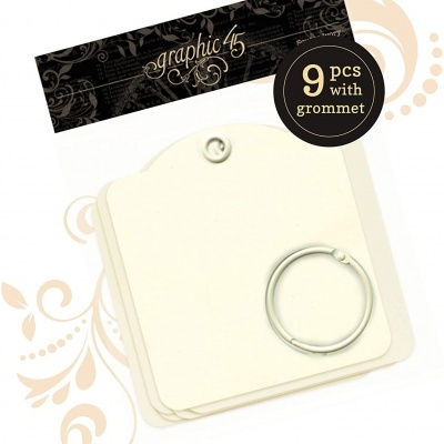 Conjunto de 9 etiquetas quadradas brancas com anel e ilhó na embalagem