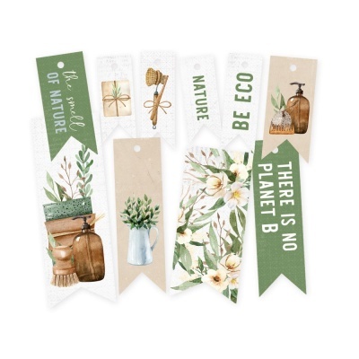 Marcadores de livros com temas de natureza e sustentabilidade, em verde, branco e bege, com texto em inglês