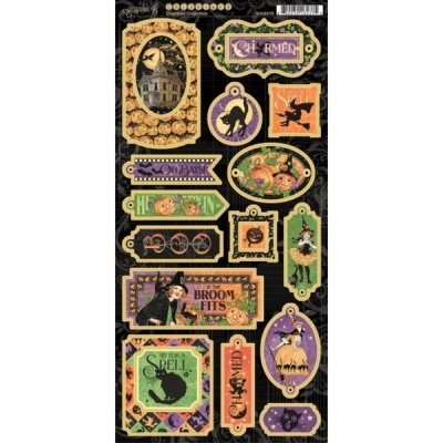 Folha de autocolantes de Halloween com imagens e textos temáticos em várias cores