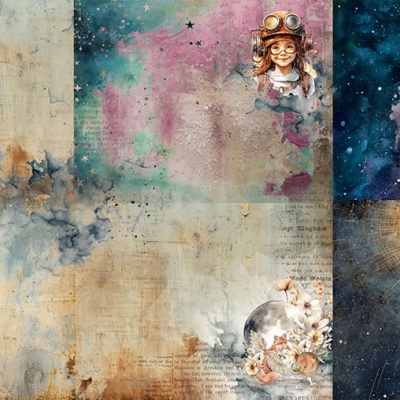 Painéis texturizados em tons desgastados com ilustrações várias de aviador, borboleta, avião, cavalo e fundo estrelado.