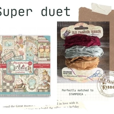 Produtos de artesanato com papéis estampados e fitas de tecido da marca STAMPERIA e OLD FASHION RIBBON.