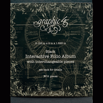 Capa preta de álbum interativo Graphic 45 com padrão floral e texto branco.